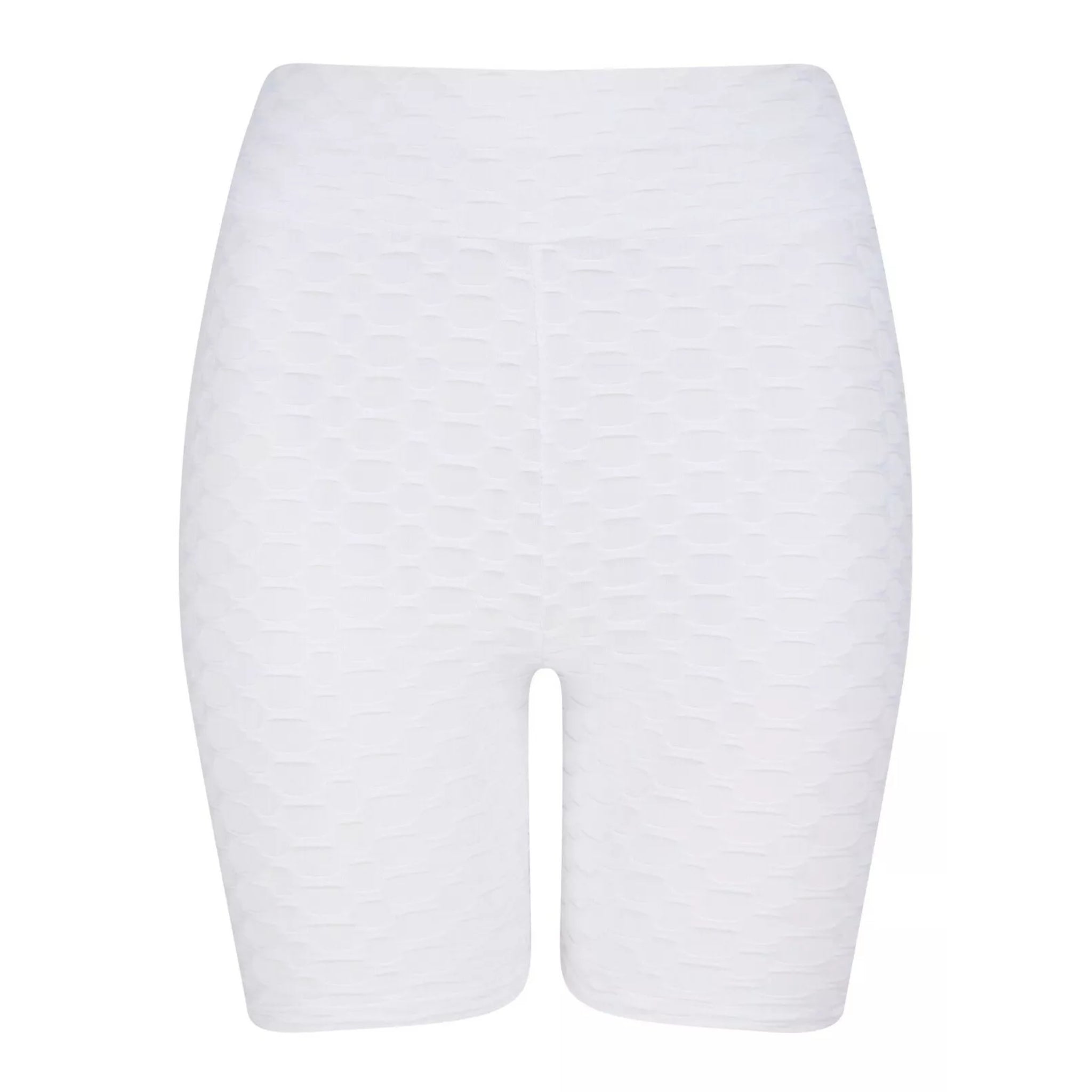 Ladies' high-waisted white TikTok shorts with textured ruched design – figure-hugging slimming gym and workout shorts